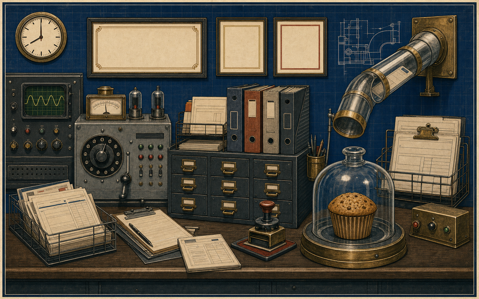 1950s office apparatus with filing cabinets, pneumatic tube, and muffin under glass